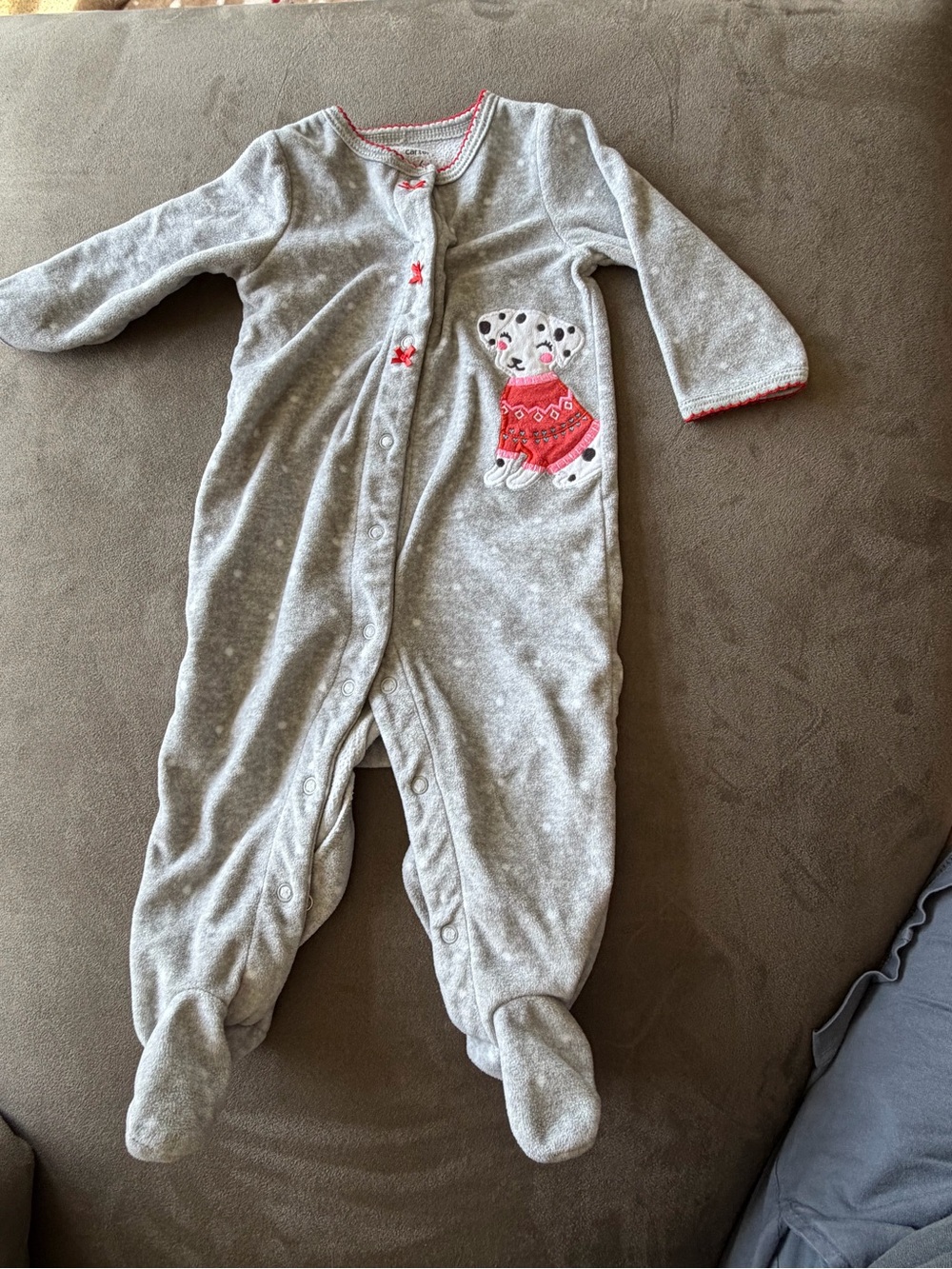 Carters Grey Footed One-Piece with Dog Applique - Cozy Snap Front Fleece